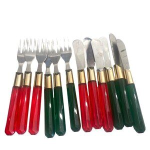 Vintage Red & Green Lucite Handle Appetizer Fork & Knife Set 6 Each